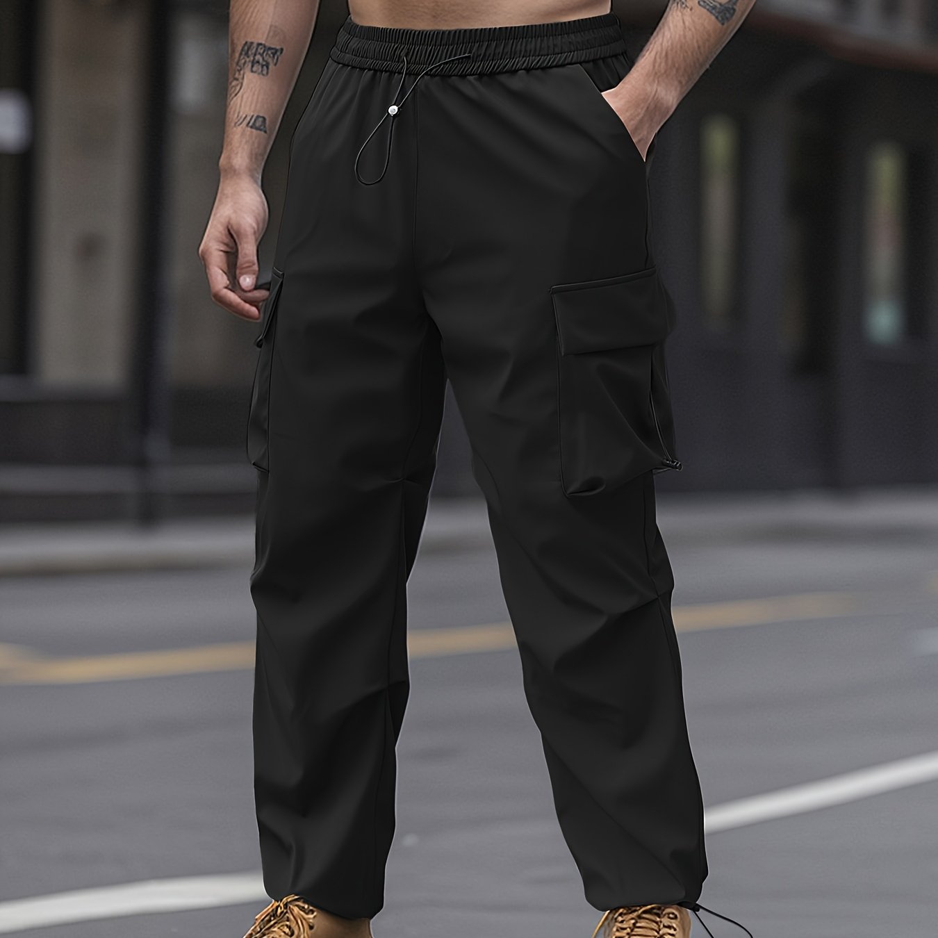 Unisex Cargo Pants with Flap Pockets Drawstring Waist Solid Color Polyester All-Season
