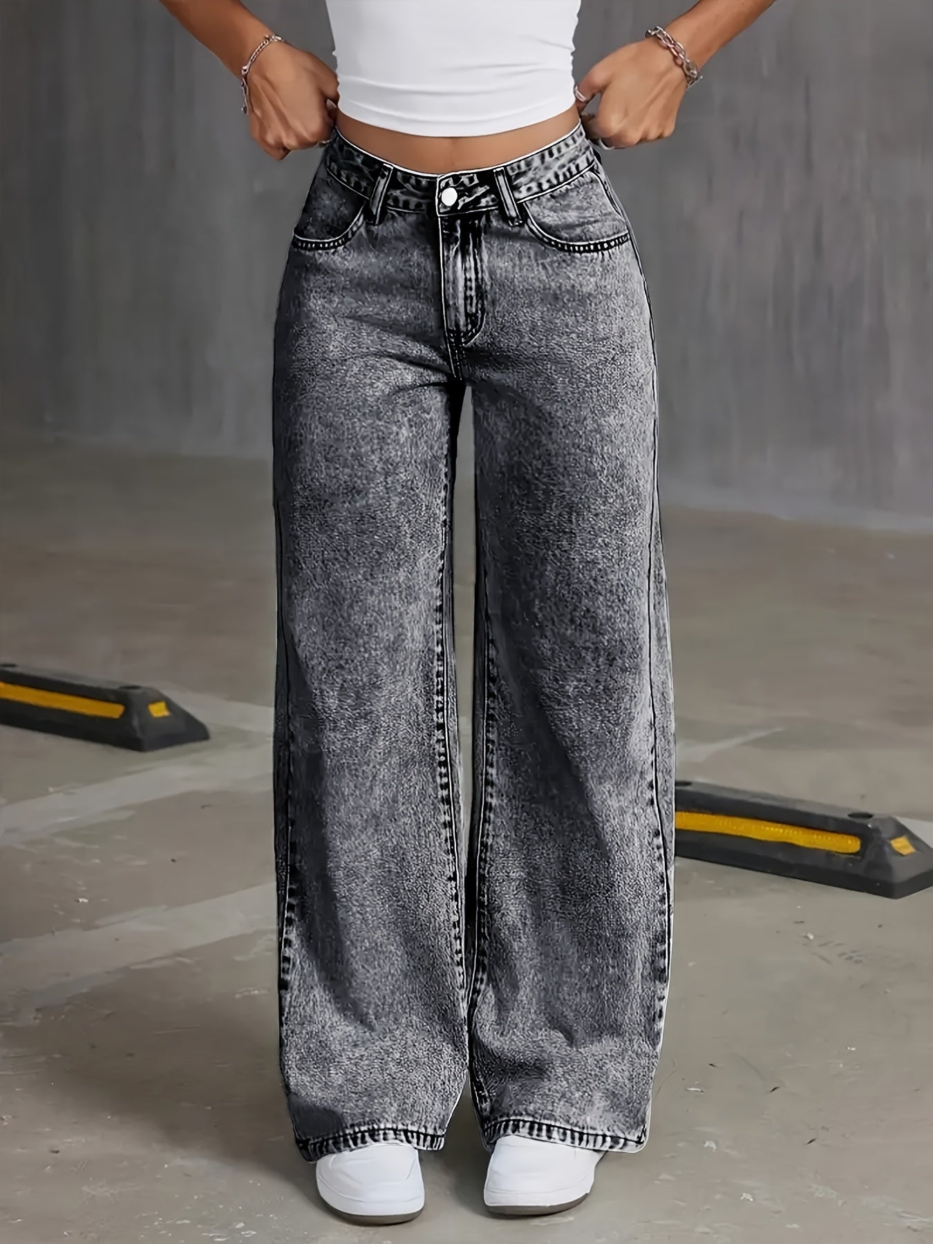 Women's High-Waist Straight Leg Jeans Denim Cotton Blend Snowflake Wash All-Season