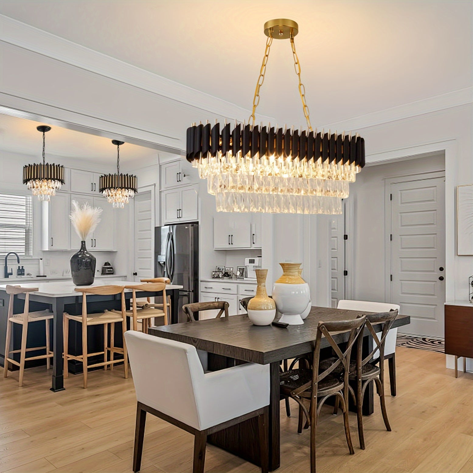 8-Chiroyli qora va oltin chandalier oshxona oroli uchun, ovqat xonasi, 32 dyuymli oval yarim yopiq o'rnatish