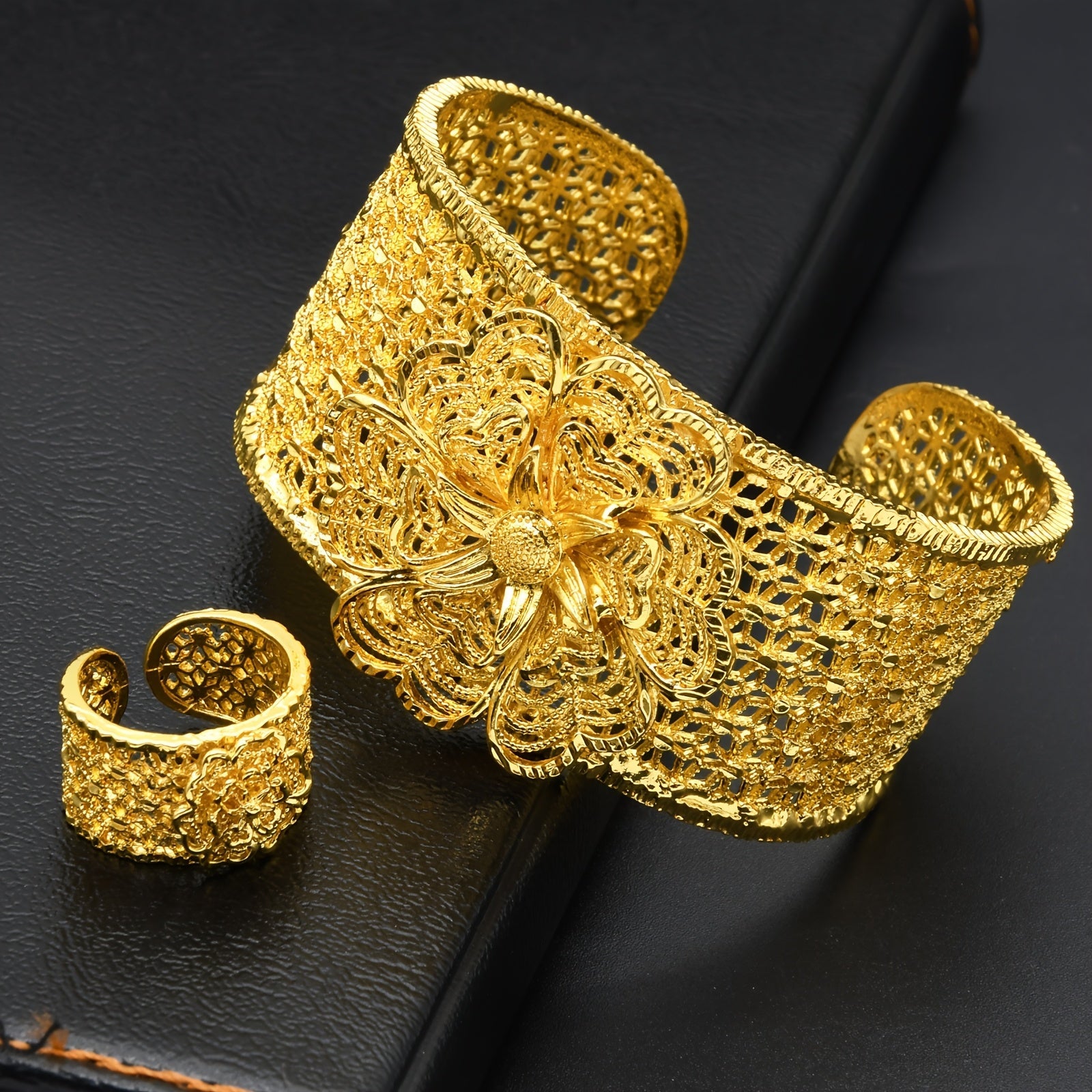 Gold Plated Zinc Alloy Jewelry Set with Adjustable Floral Bangle and Ring for Women