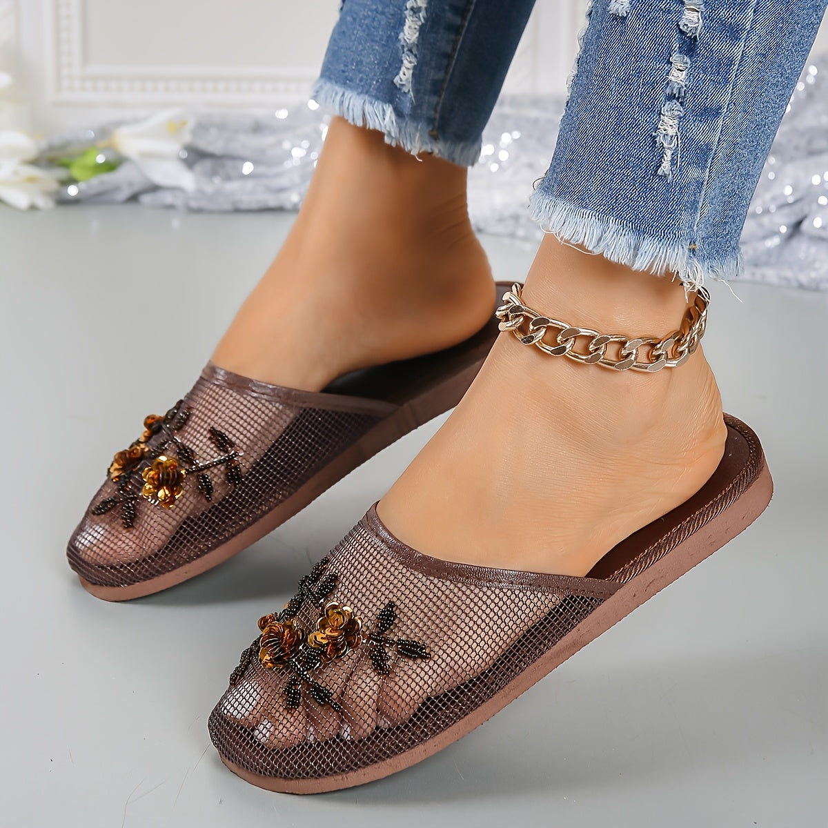 Women's Beaded Floral Slides Lightweight Summer Indoor Shoes Breathable Mesh Almond Toe EVA Sole