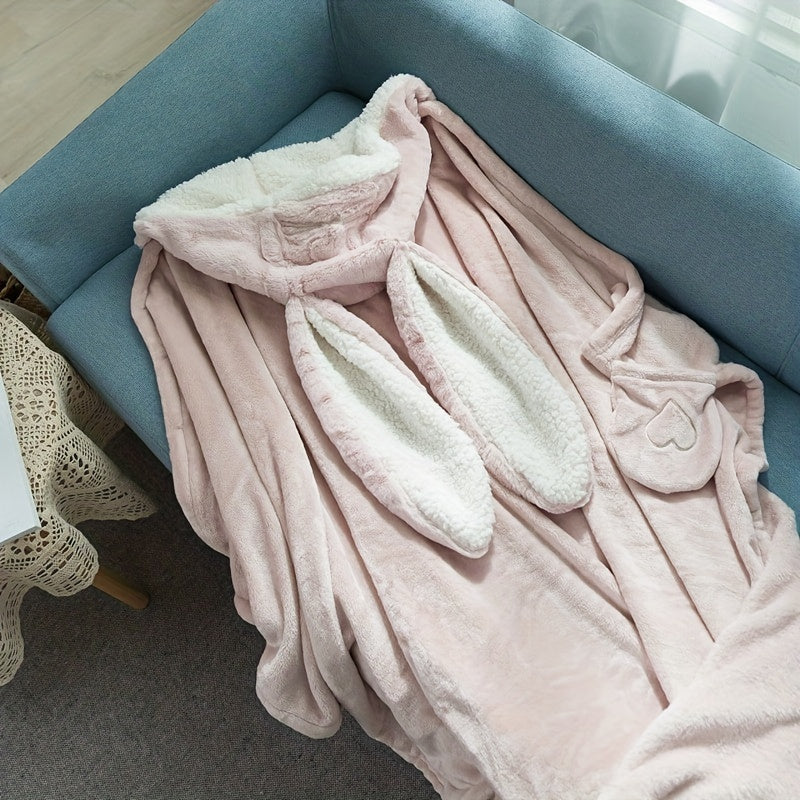 Rabbit Ears Blanket Hoodie Flannel Fleece Wearable Shawl for Sofa TV Office