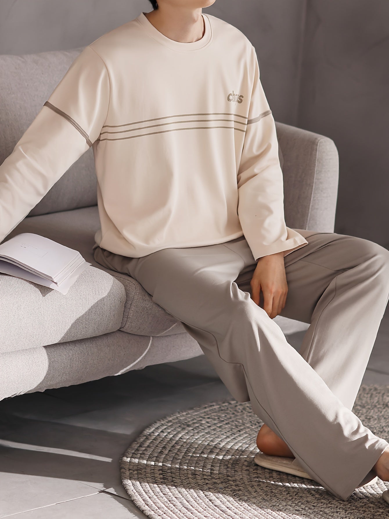 Conjunto de pijama de algodón para hombre, manga larga, con bolsillos, ropa casual para descansar en primavera y otoño