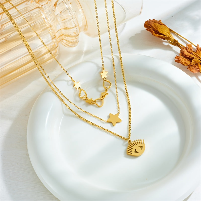 Zamonaviy Ko'p Qavatli Marjon, Ko'z va Yulduz Charmlari bilan - Paslanmaydigan Po'latdan va Kubik Zirconiya Aksentlaridan Yasalgan, Kundalik Kiymak va Sovg'a Berish uchun Mukammal, Yaratqon, G'amxo'r va Bayram Tadbirlariga Ideal