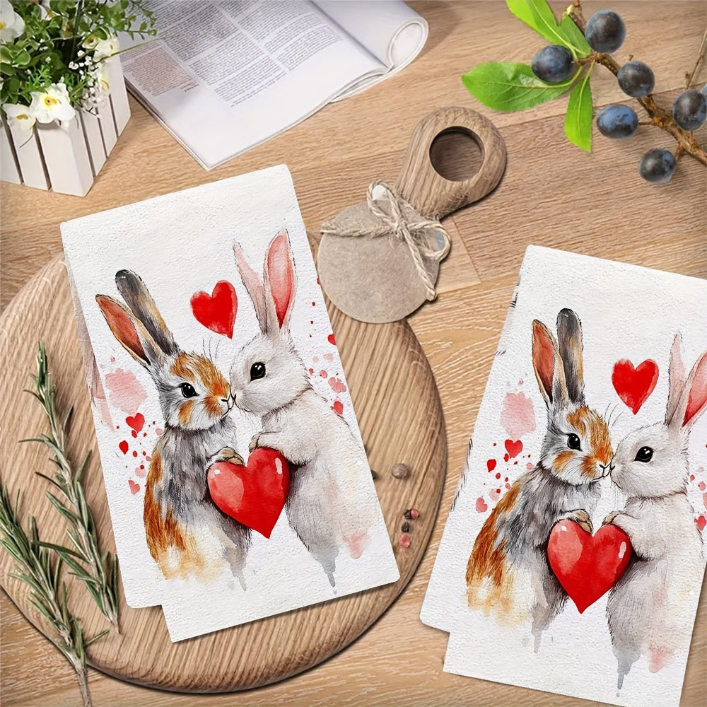 Valentine's Day Kitchen Towels Set 2 Ultra Soft Absorbent Bunny Heart Design