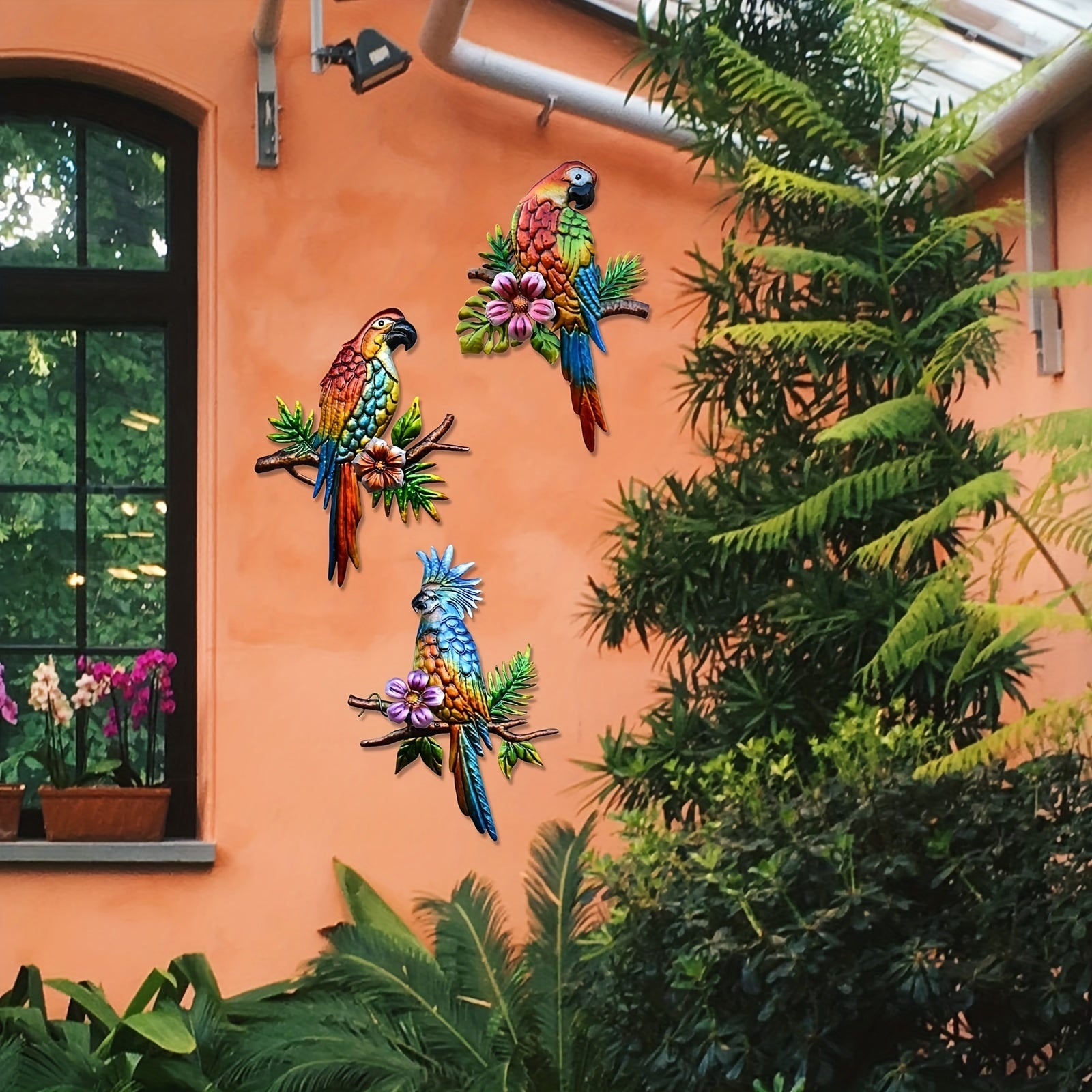 Set of 3 Metal Parrot Tropical Wall Art Decor for Indoor and Outdoor Use