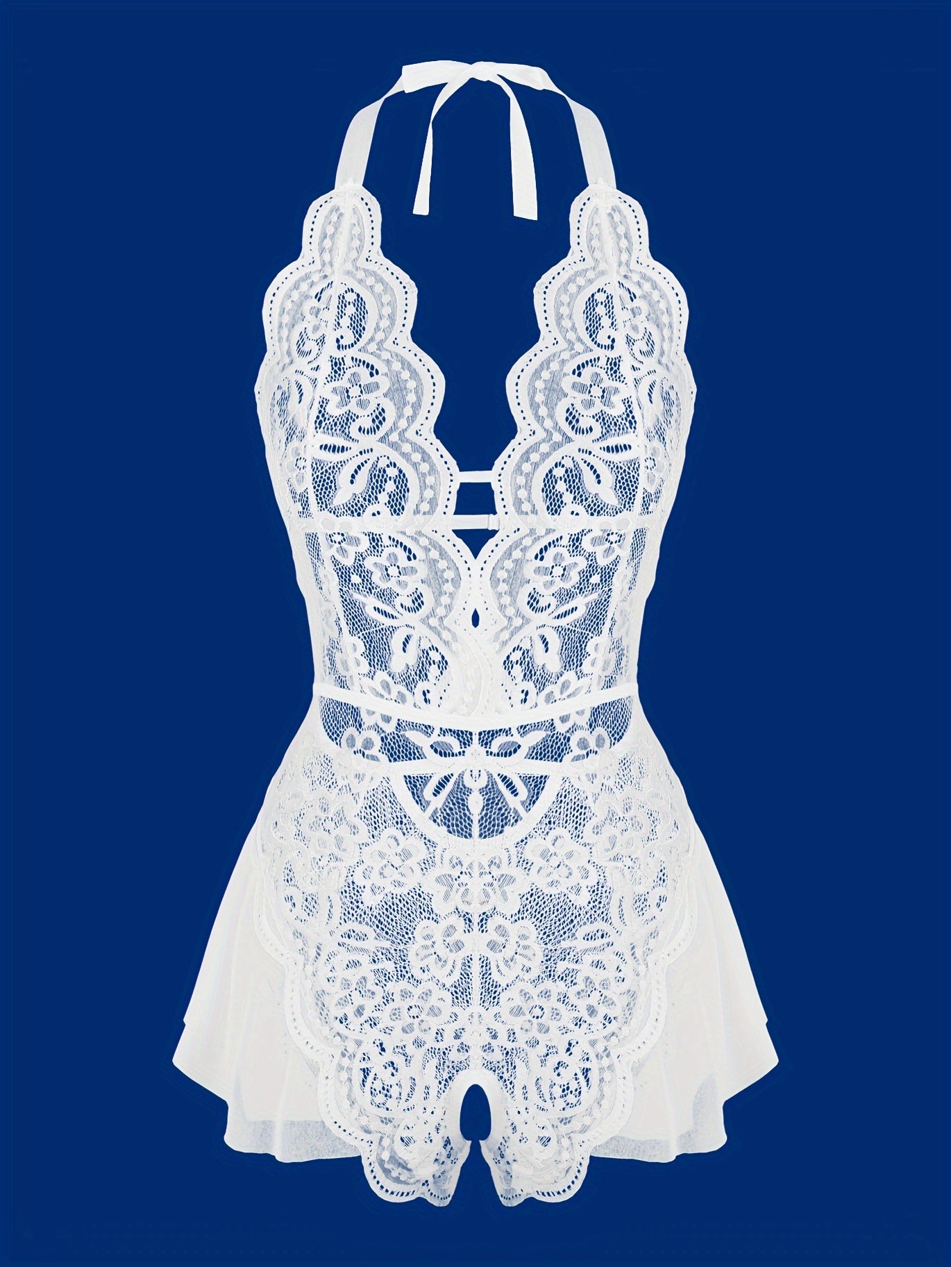 Zarif dantel halter teddy, qirrali bodysuit va murakkab dantel tafsilotlari bilan, yarim shaffof, cho'ziluvchan polyester va spandeks aralashmasidan tayyorlangan. Romantik kechalar uchun mukammal va mashinada yuvish oson.