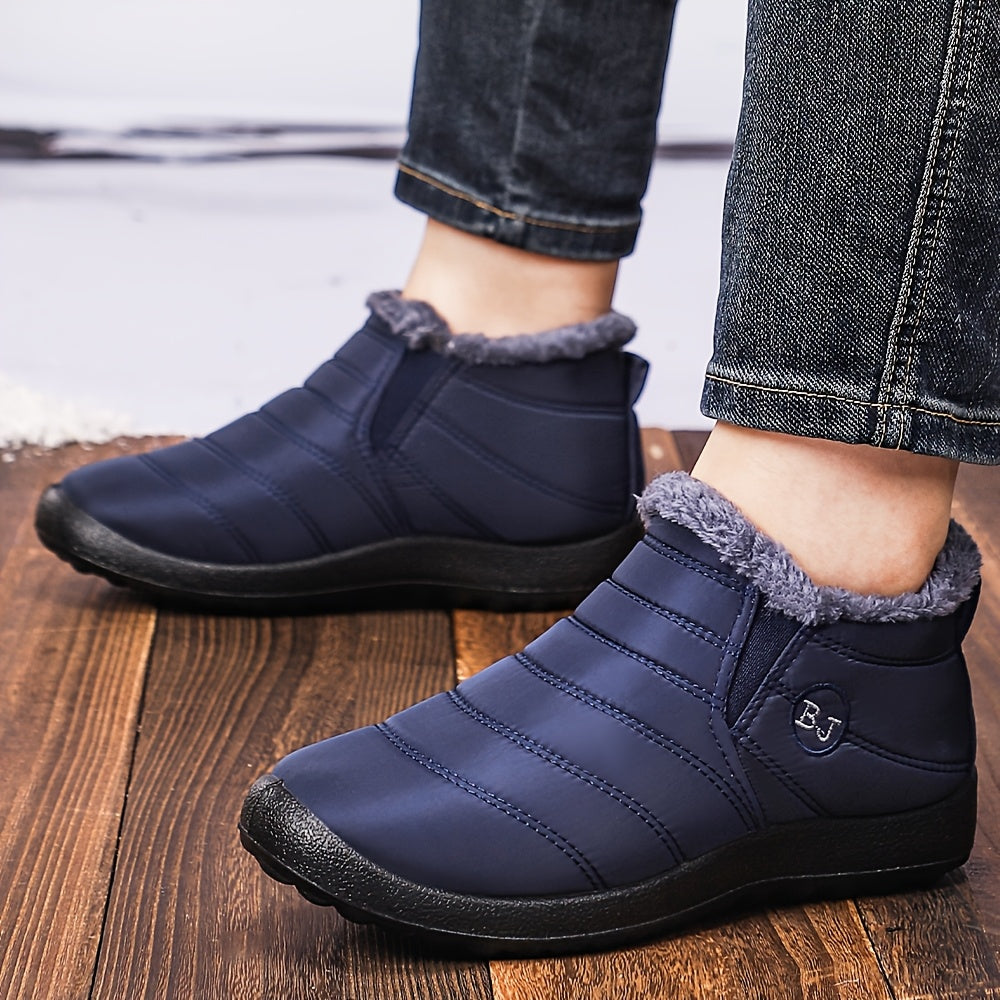 Women's Slip-On Ankle Boots Black Soft Fabric Plush Lining Comfortable Flat