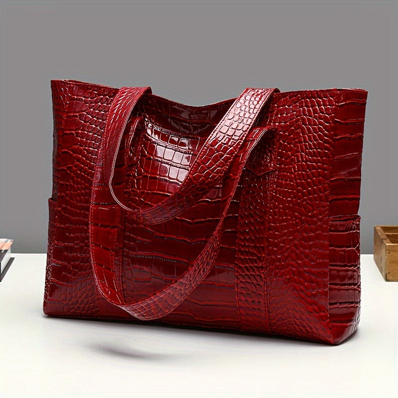 Blue Crocodile-Embossed PU Tote Bag with Zipper Closure for Women