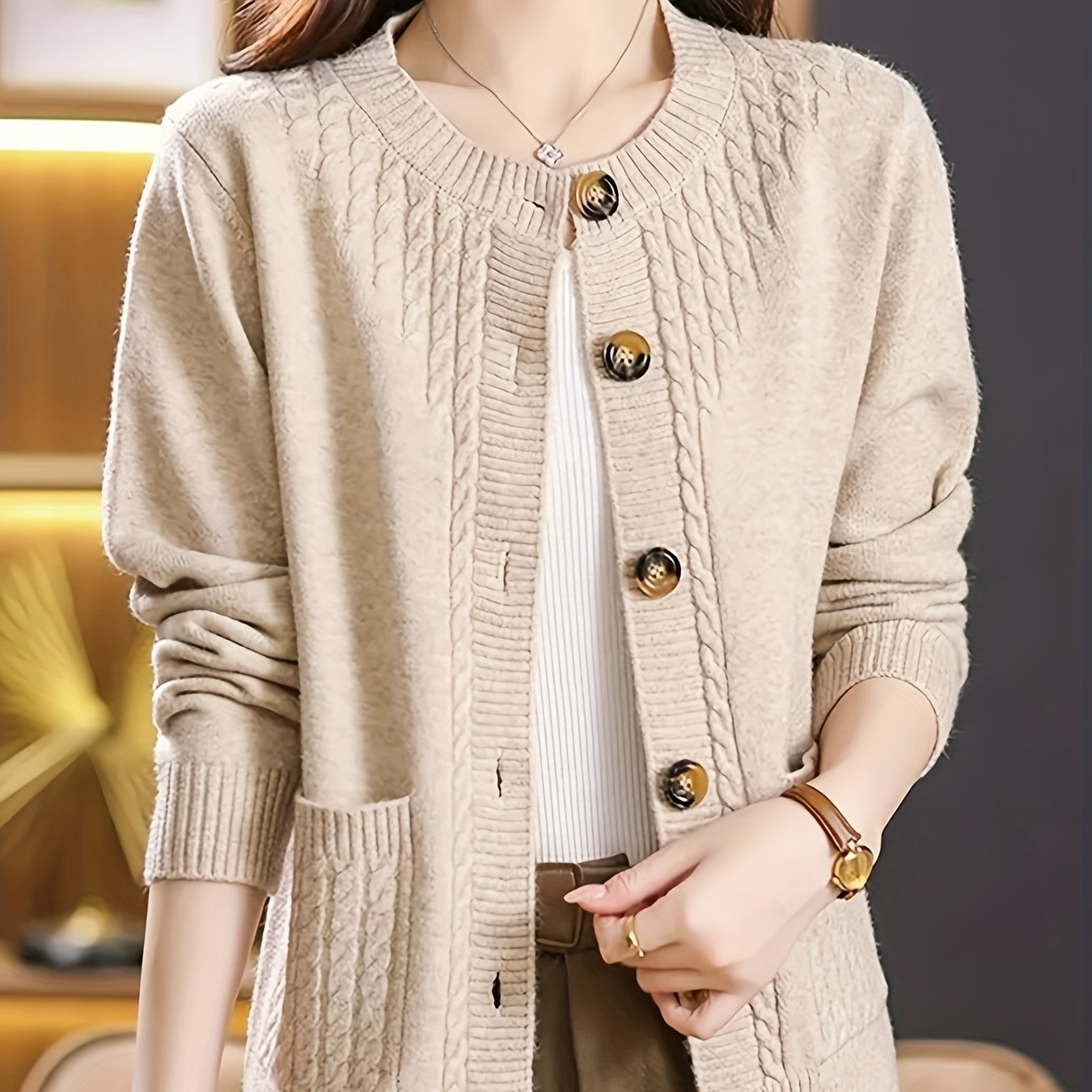 Women's Spring Cardigan with Long Sleeves Crew Neck Solid Color Knit Fabric