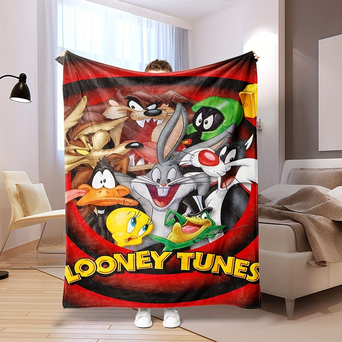 Looney Tunes Cartoon Characters Polyester Knitted Blanket Lightweight Throw for Bed Couch Travel