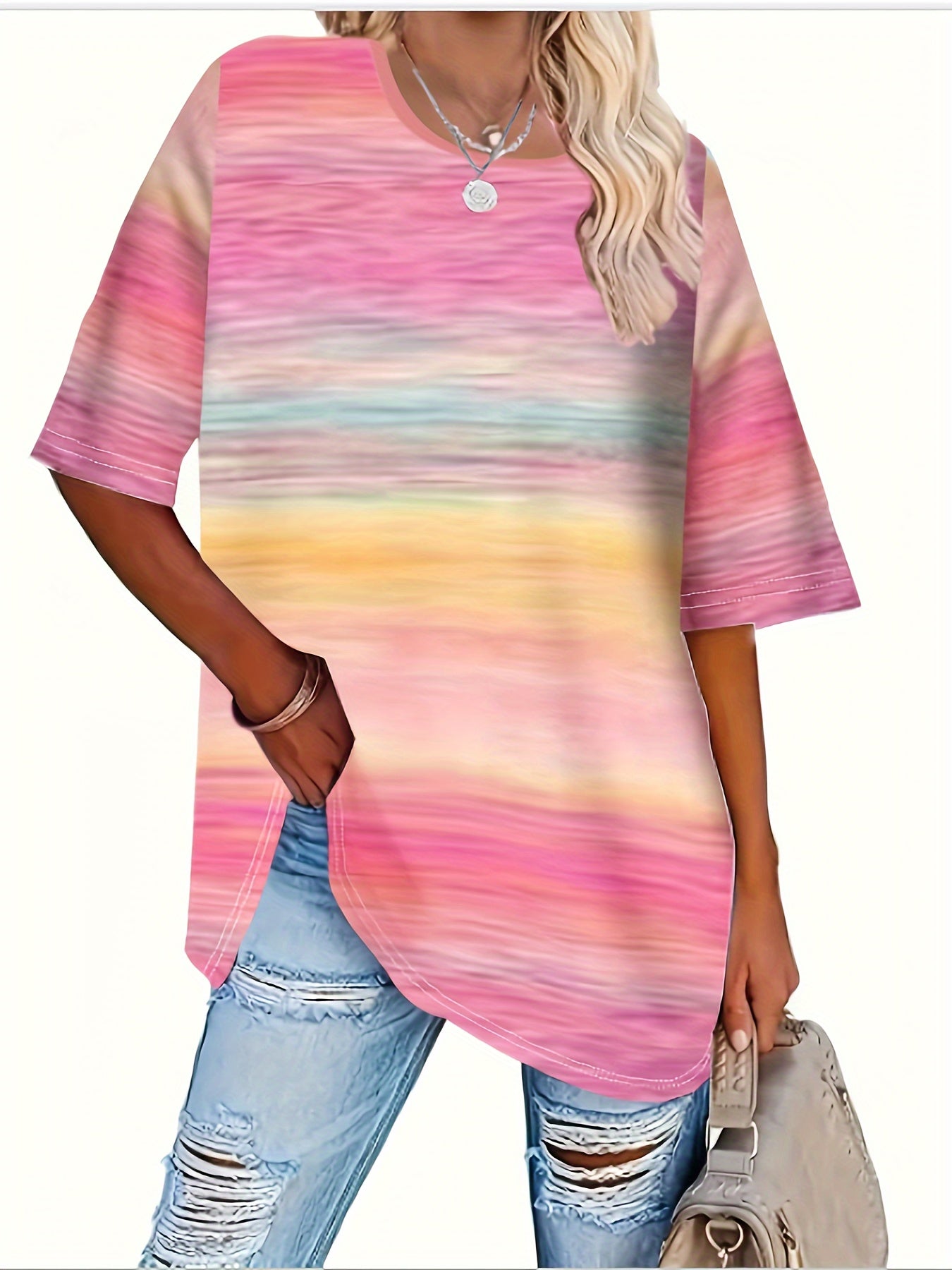Pack de 3 camisetas casuales para mujer talla grande, de colores suaves, con efecto tie-dye y lisas