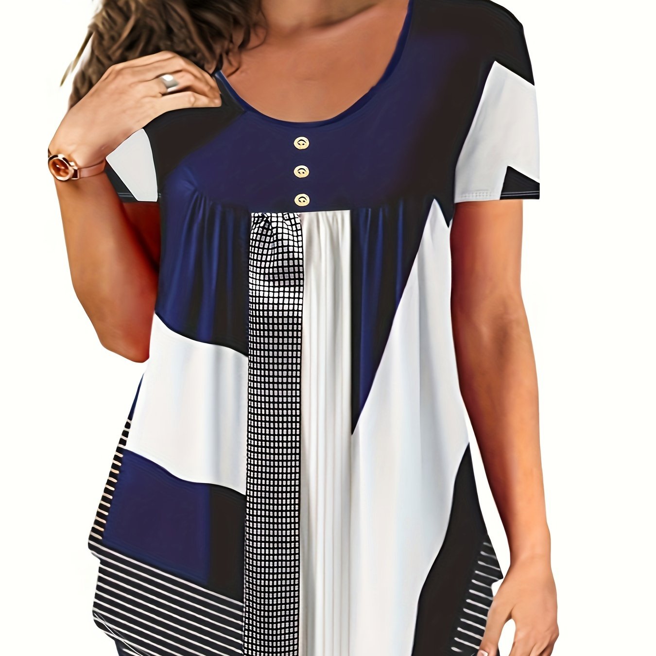 Plus o'lchamdagi kundalik T-shirt ayollar uchun rang-barang nuqta chiziqli qisqa ko'ylakli, dumaloq bo'yinli