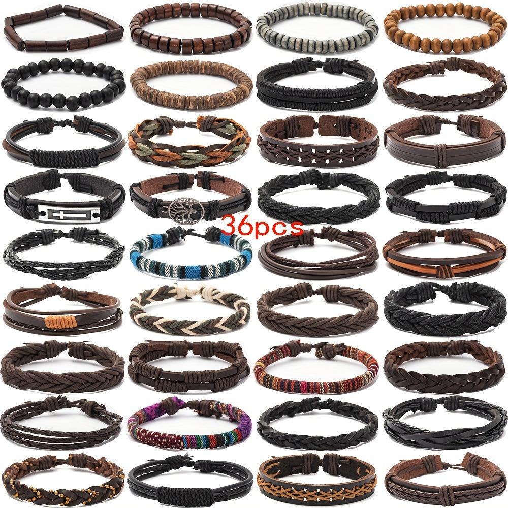 Set of 36 Men's Handwoven Multi-Layer Pu Leather Bracelets Adjustable Unisex