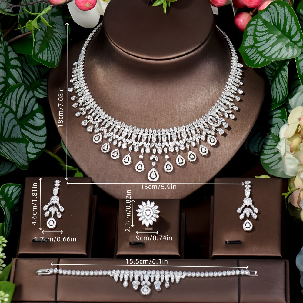 Conjunto de joyería de zirconia cúbica elegante para mujeres con collar, pendientes, anillo y pulsera