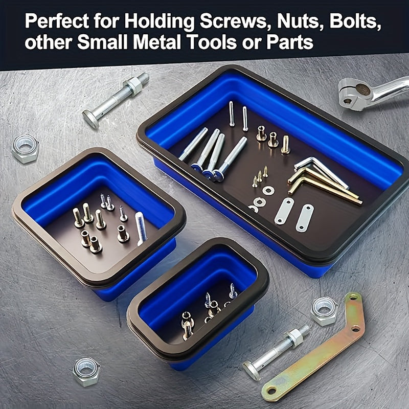 3Pc Magnetic Collapsible Parts Tray Set Silicone Tool Store Organizer