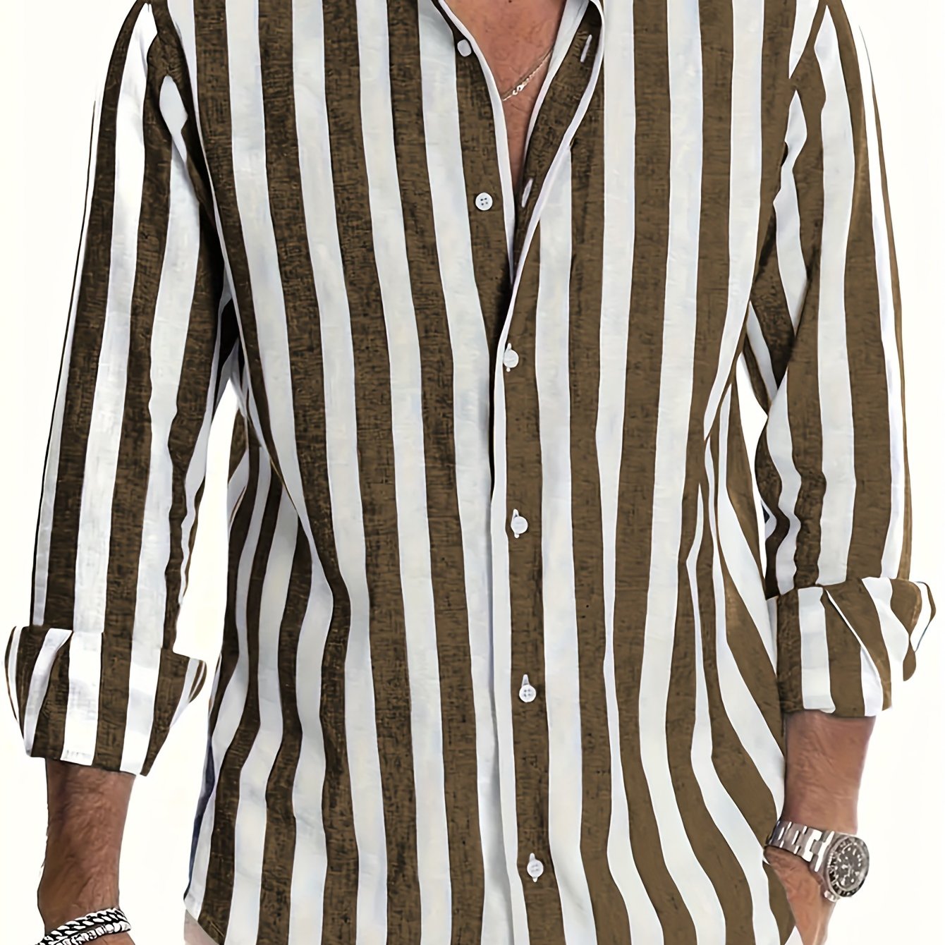 Men's Cotton Linen Striped Long Sleeve Shirt Casual White Brown for Beach Vacation and Date Night