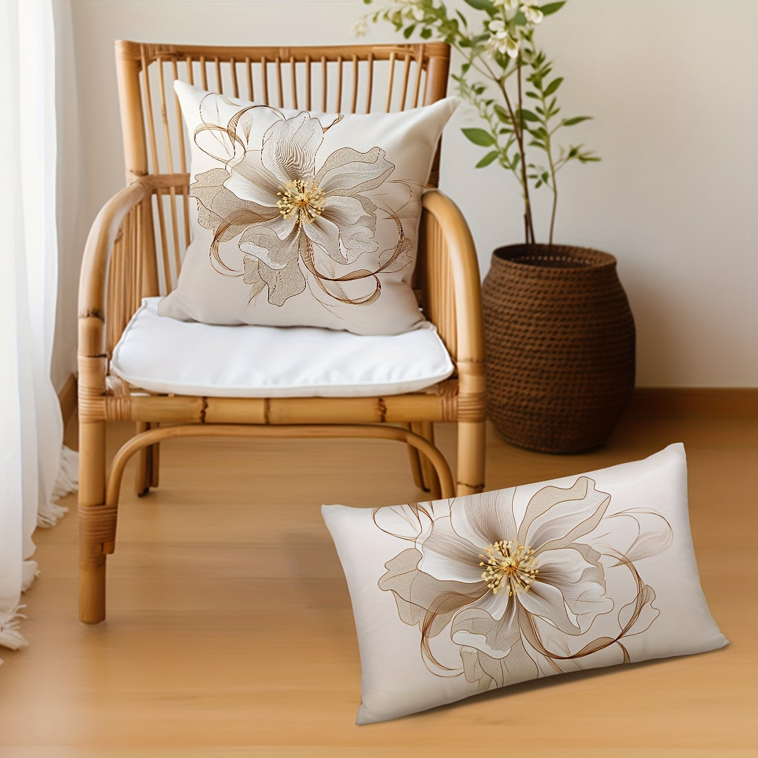 Two-Piece Large Flower Gauze Pillow Covers Coffee and Golden Peach Velvet
