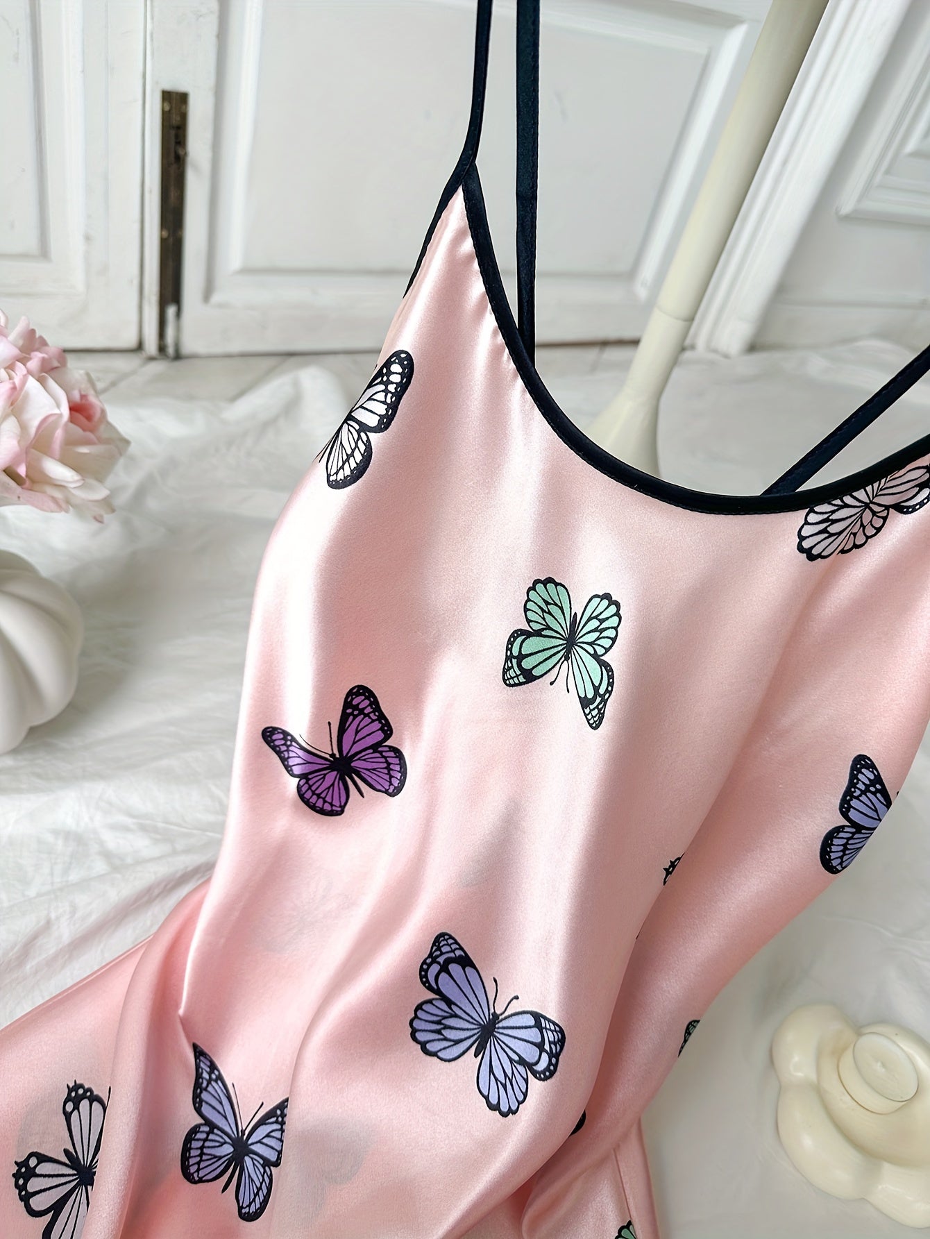 Women's Satin Nightgown with Butterfly Print Adjustable Cross Straps All-Season Sleepwear