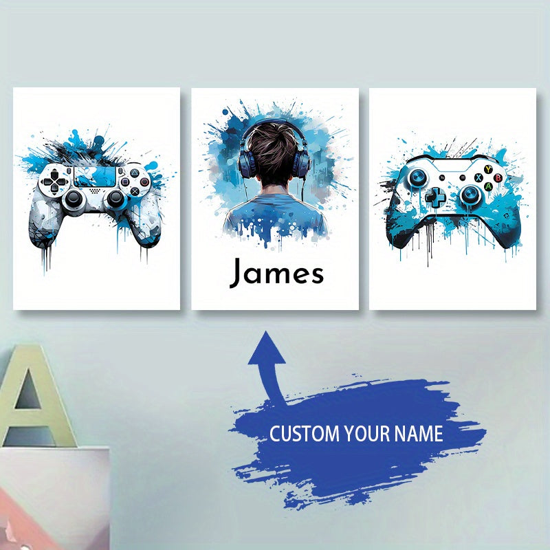 Personalized 3-Piece Gamer Wall Art Set Canvas Prints for Kids Room Nursery Dining Decor