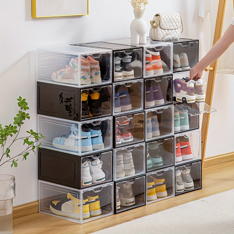 6-Pack Waterproof Plastic Shoe Organizer Boxes with Magnetic Closure Stackable Storage Cases in Black