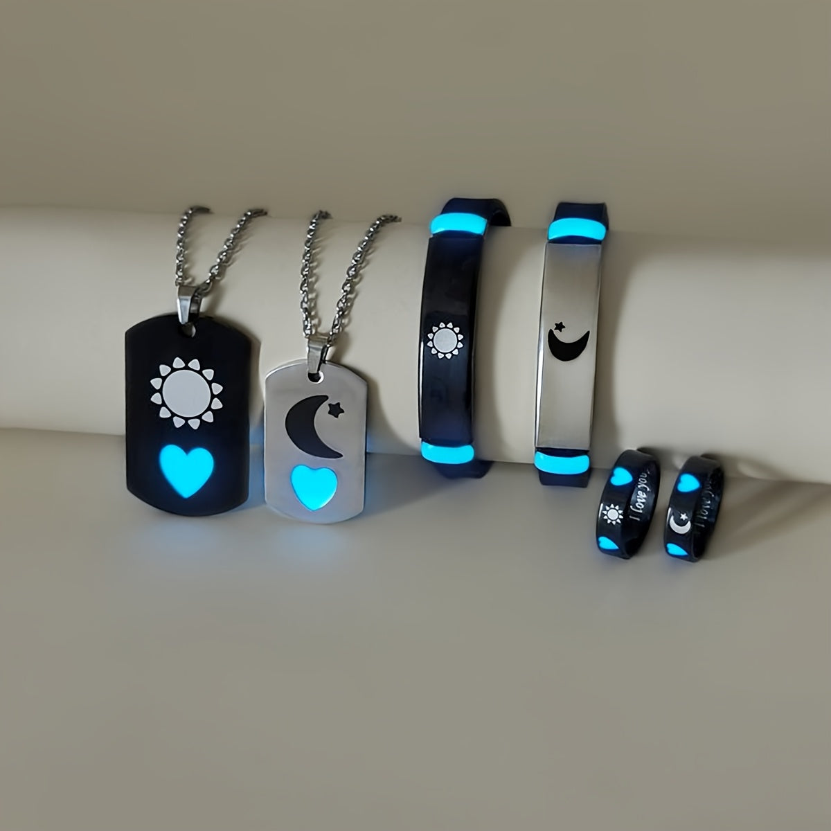 "Yorqin Sevgi, Yorqin Yurak va Yulduzli Noxush Po'lat Zargarlik Kolleksiyasi - 6 dona, juftliklar uchun marjon, bilaguzuk, uzuk - Ideal 14-fevral sovg'asi"