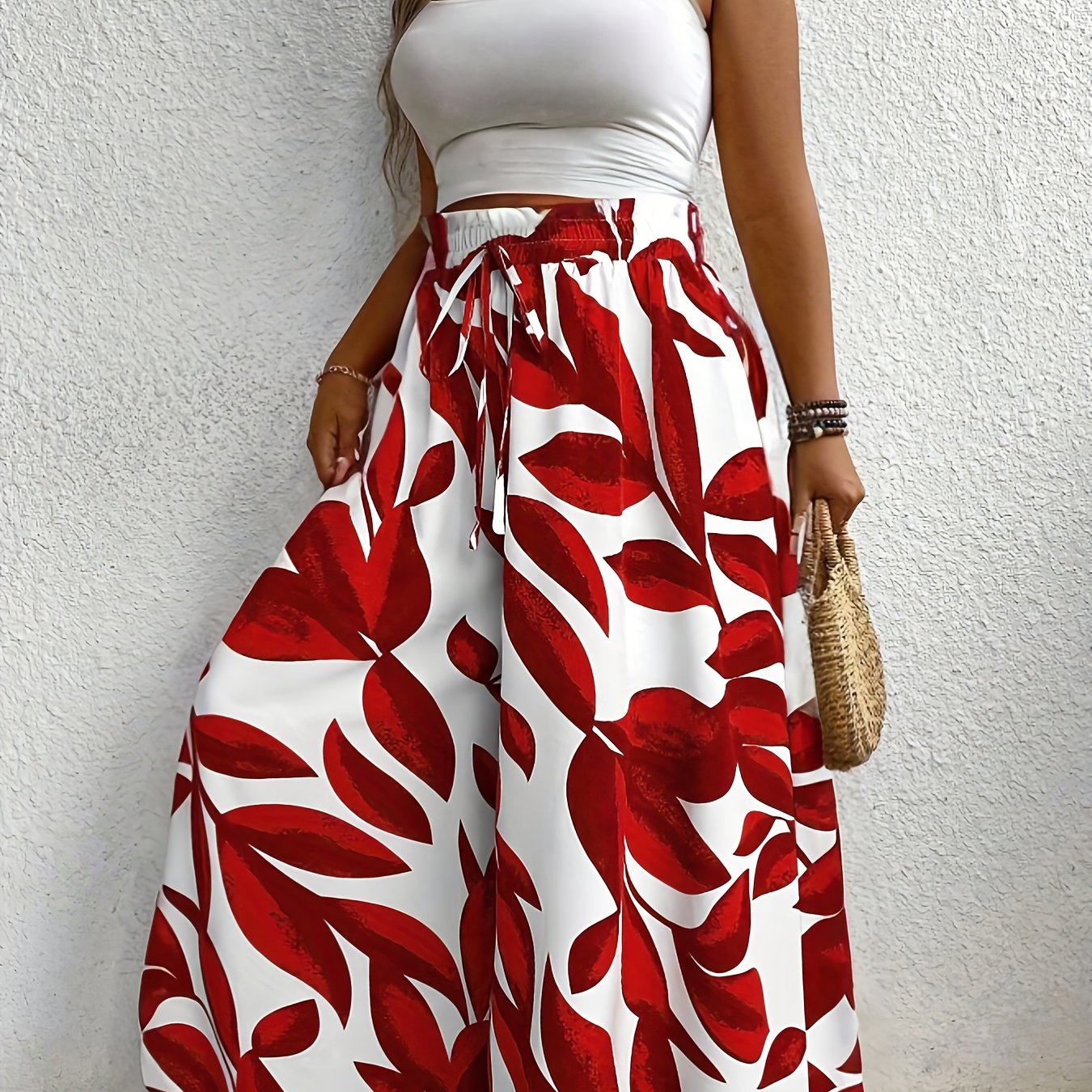 Women's Plus Size Tropical Floral Wide Leg Pants High Waist Casual Opaque