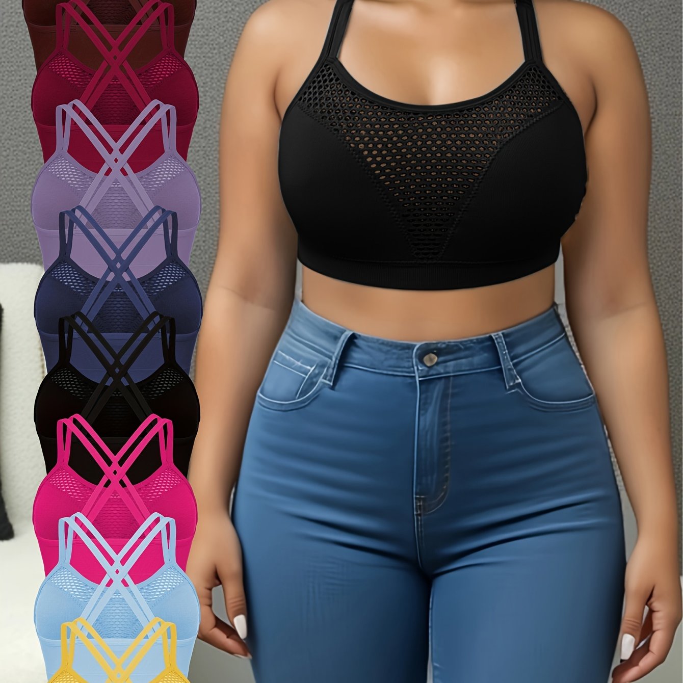 Women's Plus Size Sports Bralette Solid Color Mesh Cross-Back Removable Pads