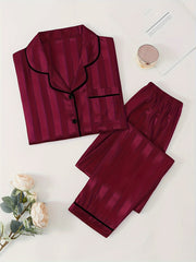 Women's Satin Pajama Set with Striped Long Sleeve Top and Lounge Pants Sleepwear Loungewear
