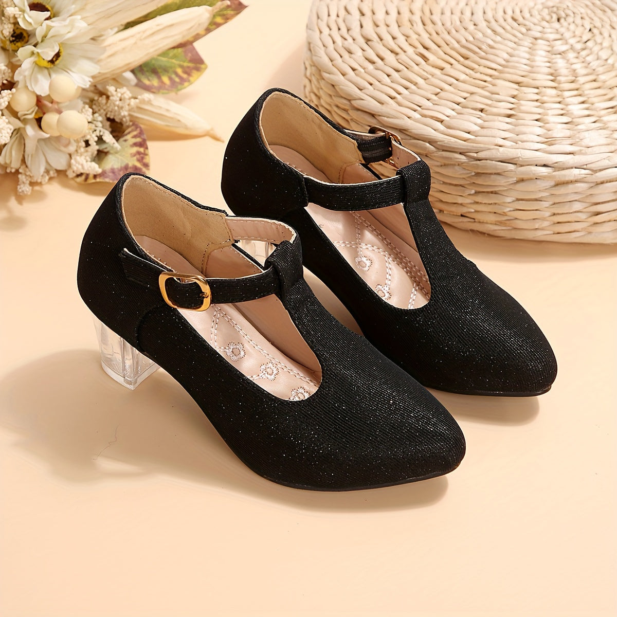 Girls High Heeled Shoes Spring Autumn Embroidered Flower Glitter PVC Pointed Toe