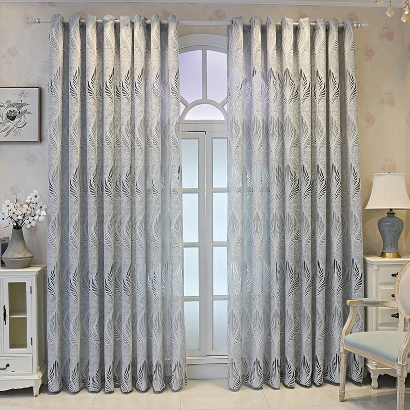 Grey Retro Feather Leaves Jacquard Yarn Curtain for Bedroom Living Room Office