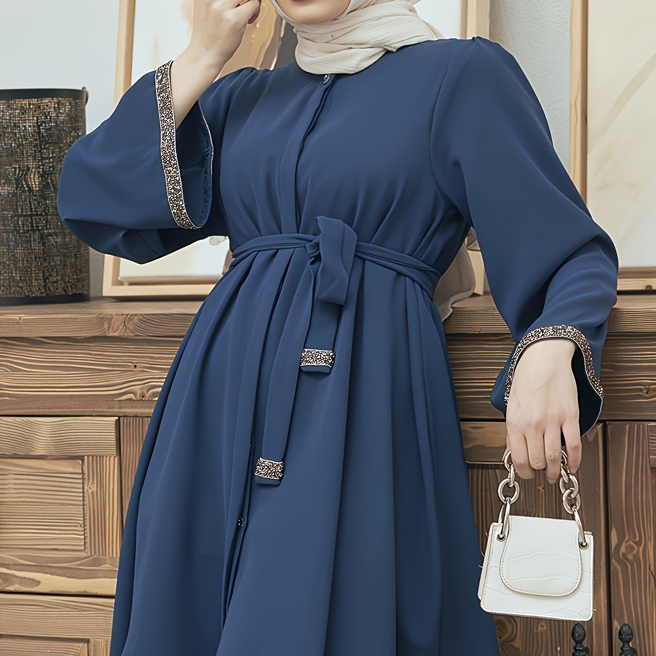 Top midi de mujer con pedrería, manga larga, de poliéster sólido, con cinturón, estilo del Medio Oriente