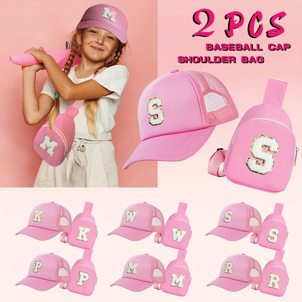 Girls Alphabet-Themed 2-Piece Baseball Cap and Bag Set Polyester Breathable Fitted for Ages 3-14
