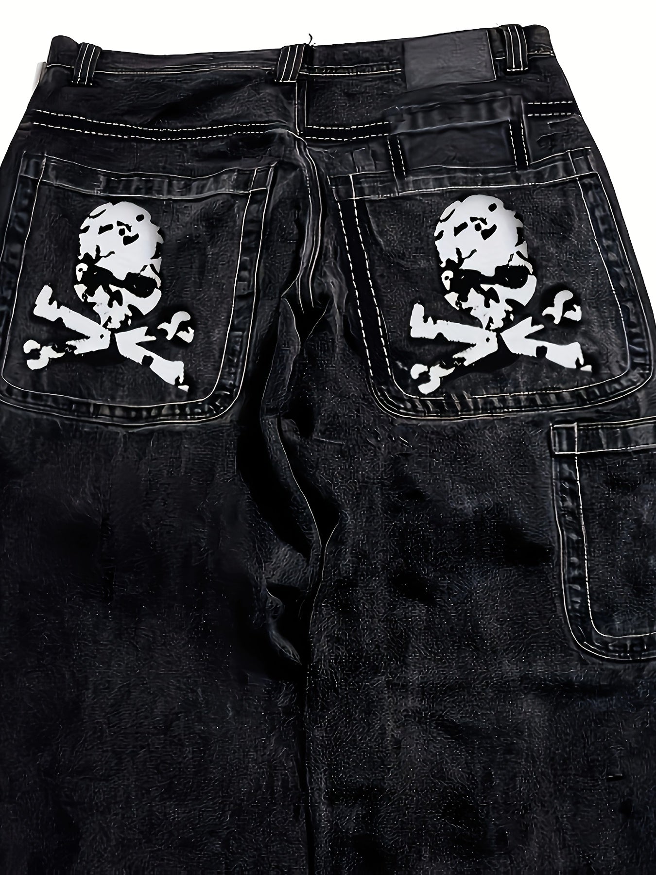 Men's Y2K Style Skull Print Wide Leg Jeans with Flap Pockets Streetwear Denim Plus Size