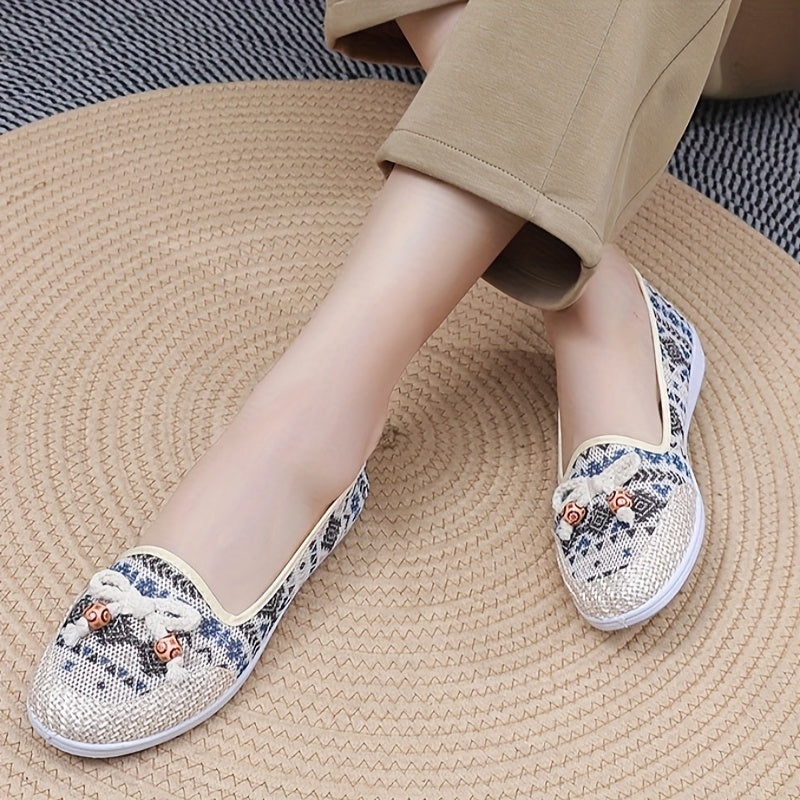 Zapatos planos de verano para mujer, zapatillas transpirables sin cordones, azul y blanco, floral étnico