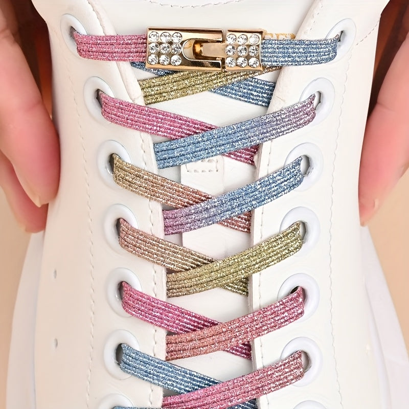 Unisex Rainbow Rhinestone Buckle Shoelaces 3 Pairs, Elastic, Fashion