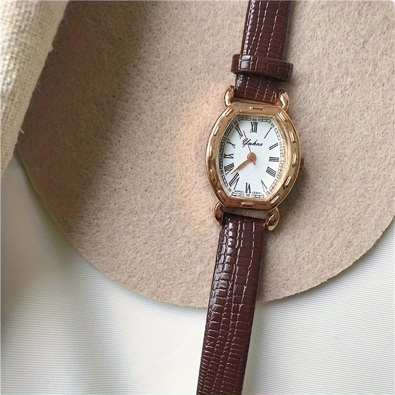 Vintage Oval Wrist Watch with Petite Artistic Dial and Brown Leather Strap