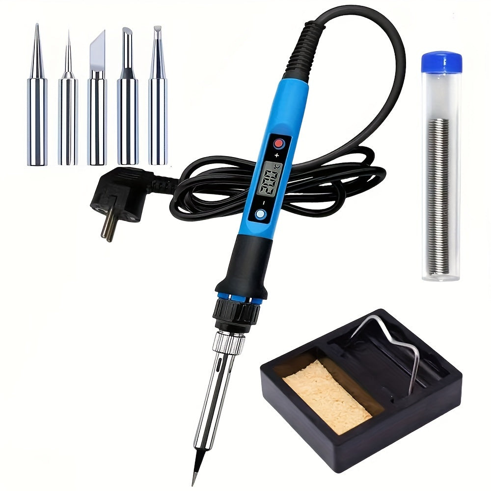 80W Adjustable Temperature Soldering Iron Kit with European Plug Blue Black Precision Tips Solder Paste