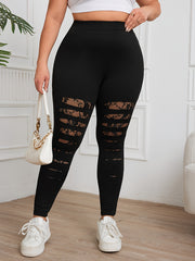 Women Plus Size High-Waisted Black Lace-Paneled Stretch Leggings