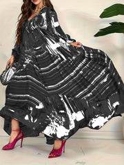 Women's Maxi Dress V-Neck Striped Black and White Polyester All-Season Party Wear