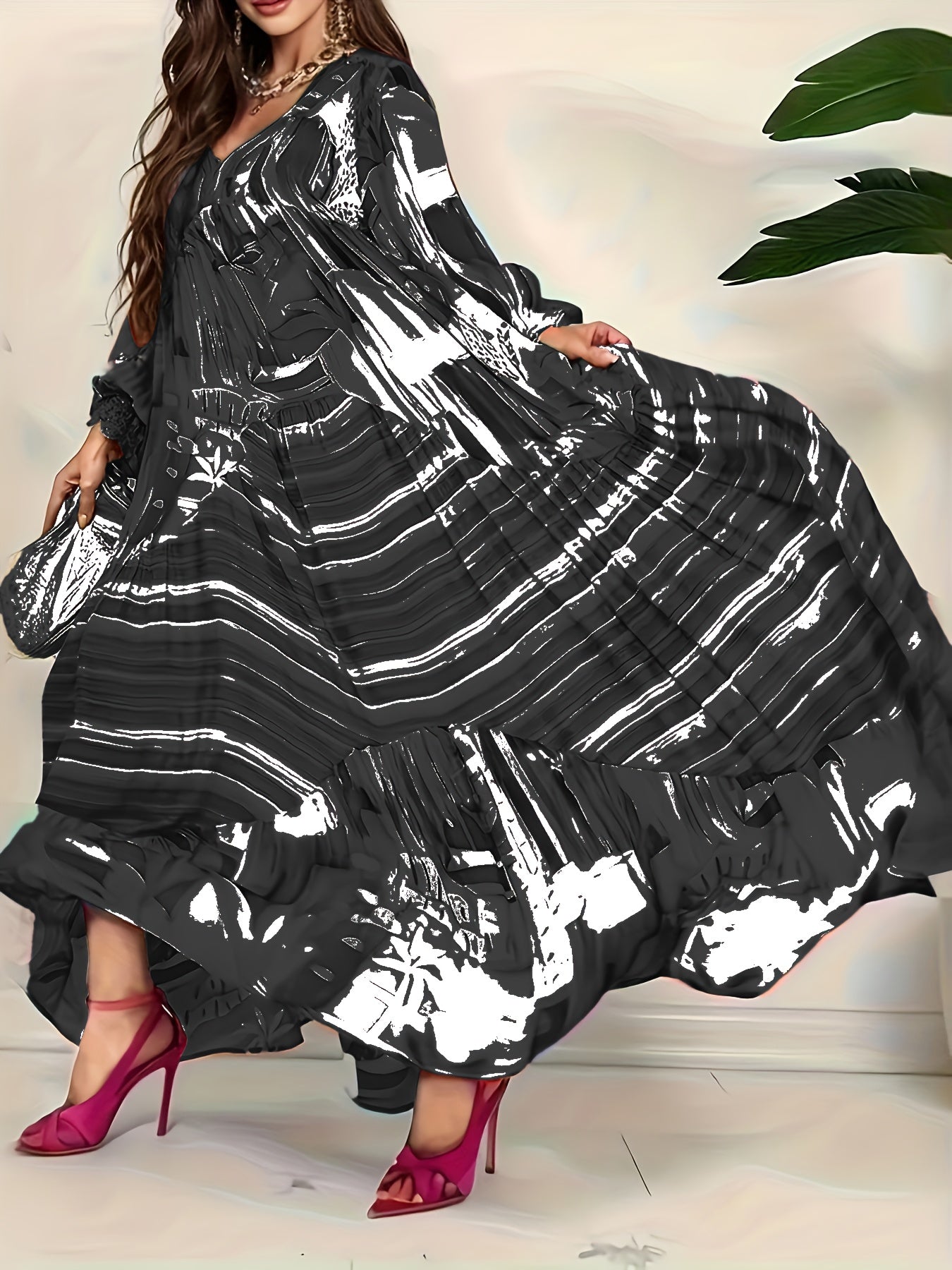 Women's Maxi Dress V-Neck Striped Black and White Polyester All-Season Party Wear