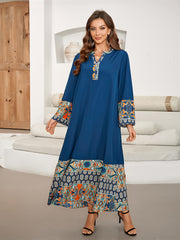 Women's Ethnic Print Color Block Kaftan Maxi Dress with Notched Neck and Long Sleeves