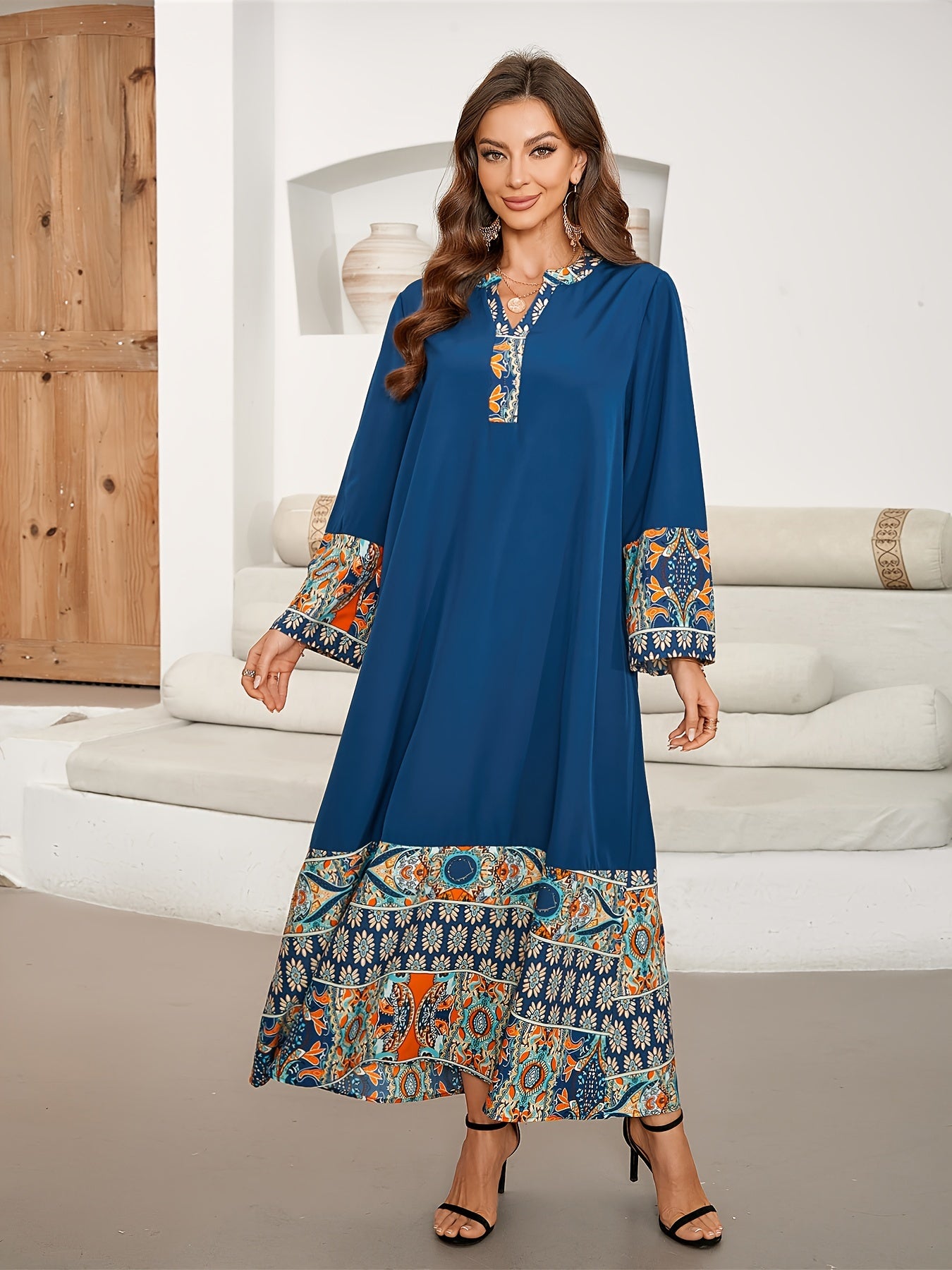 Women's Ethnic Print Color Block Kaftan Maxi Dress with Notched Neck and Long Sleeves