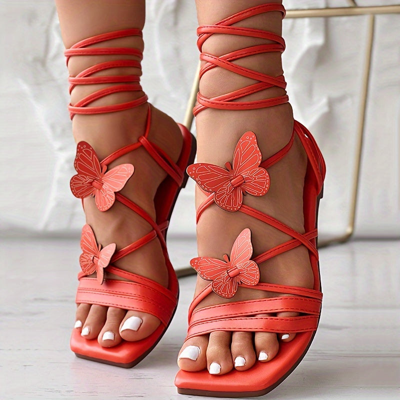 Women's 3D Butterfly Decor Flat Sandals Crisscross Straps Beach Shoes