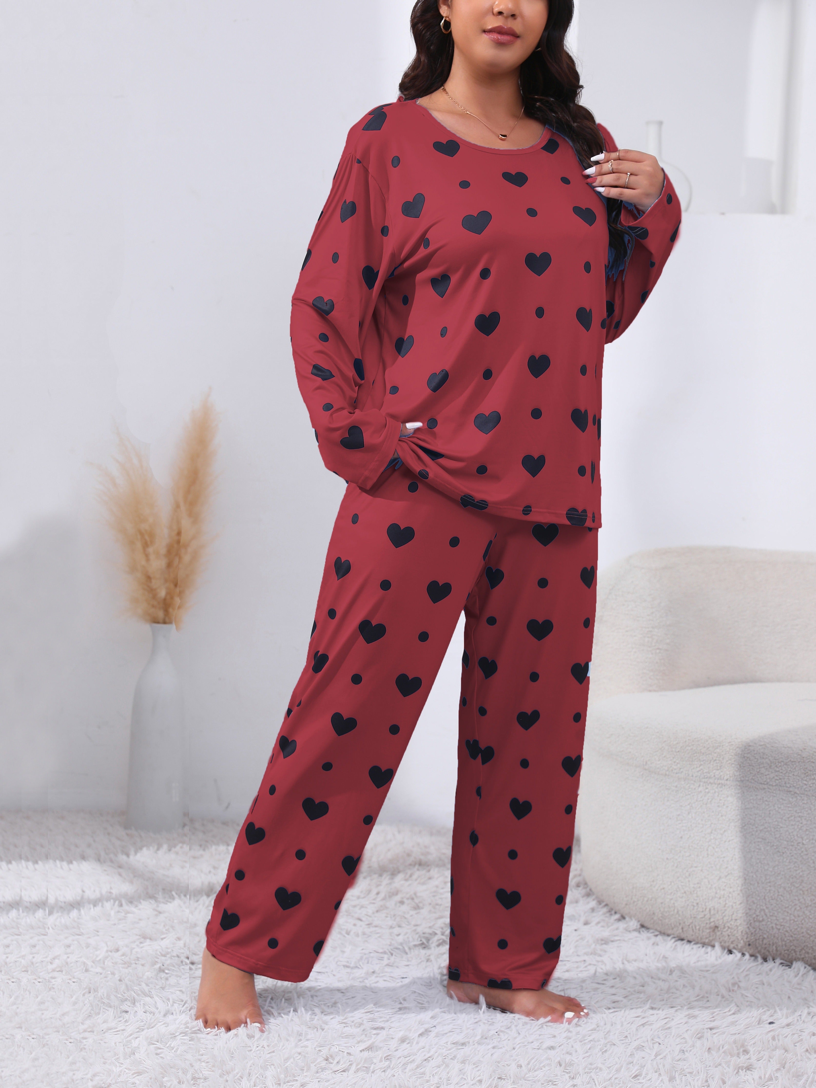 Plus Size Women's Pajama Set Long Sleeve Heart Print Lounge Two Piece