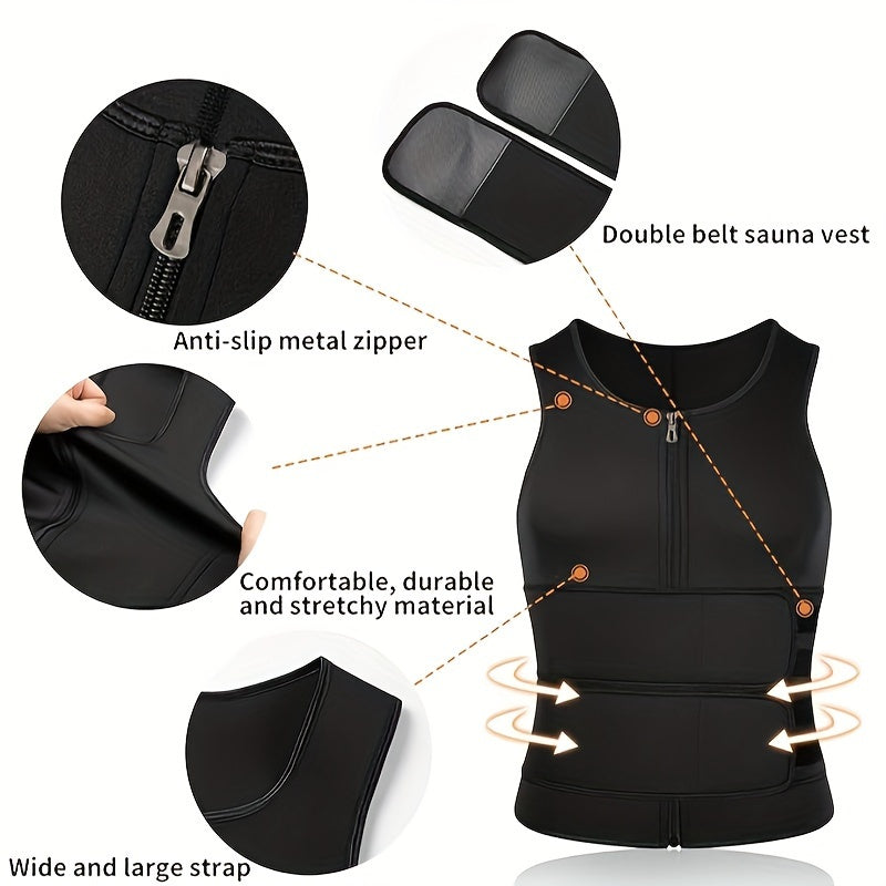 Men's Neoprene Sauna Zip-Up Training Vest with Waist Straps