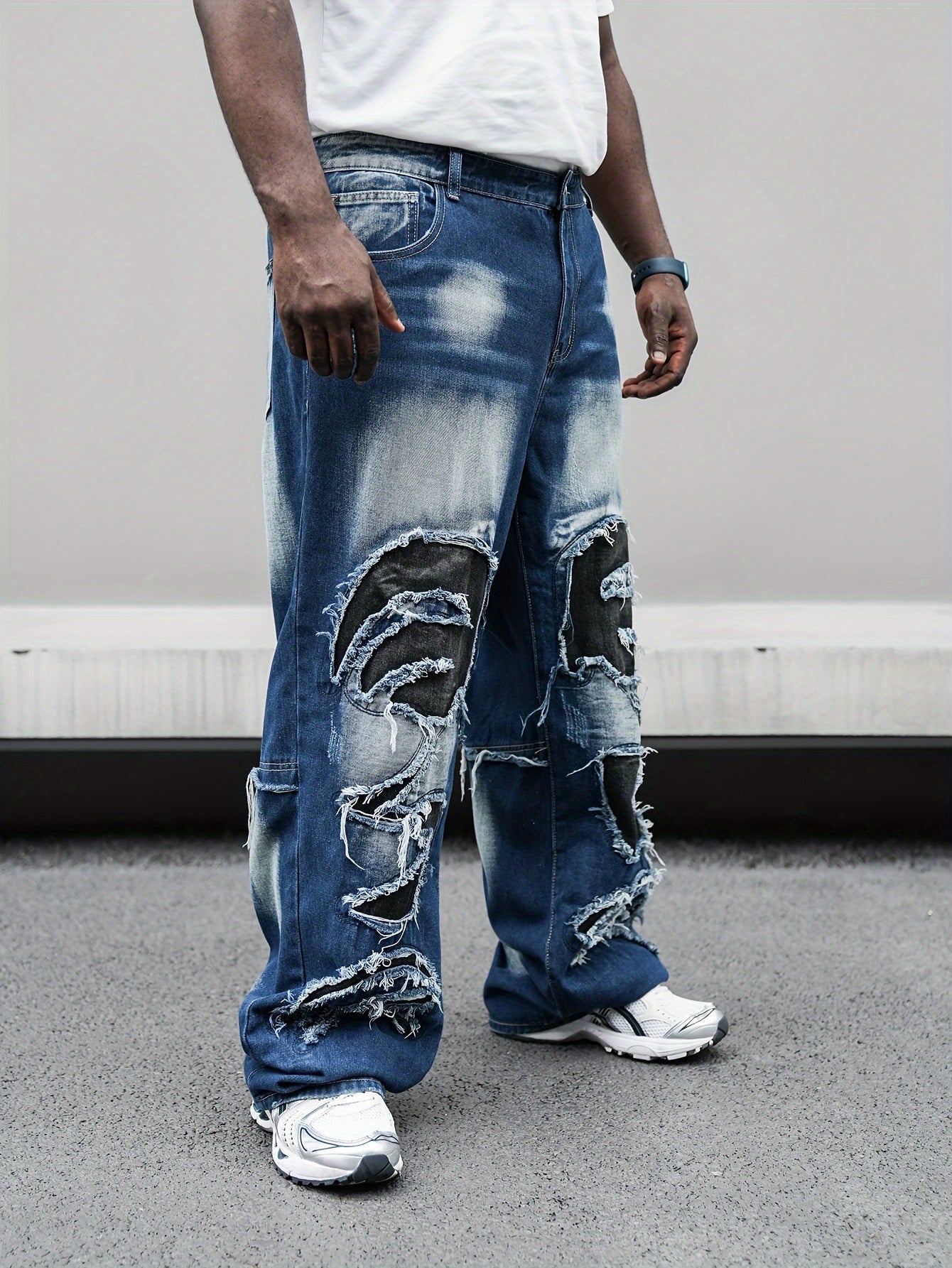 Erkaklar uchun Plus o'lchamdagi to'g'ri oyoqli denim shimlar, geometrik patchwork va yuvilgan to'liq rang