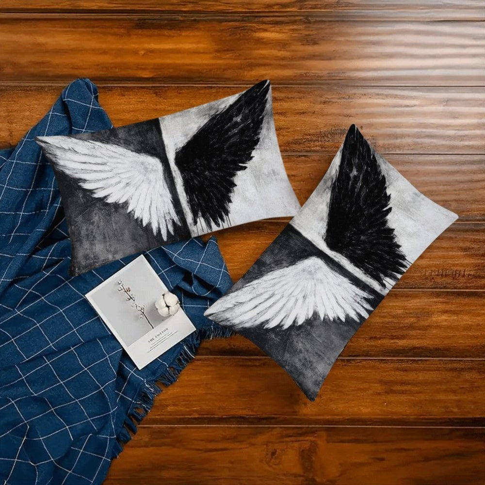 Set of Two Black and White Angel Wings Pillow Covers Polyester Square Cushion Cases Zipper Closure for Sofa Bed Outdoor