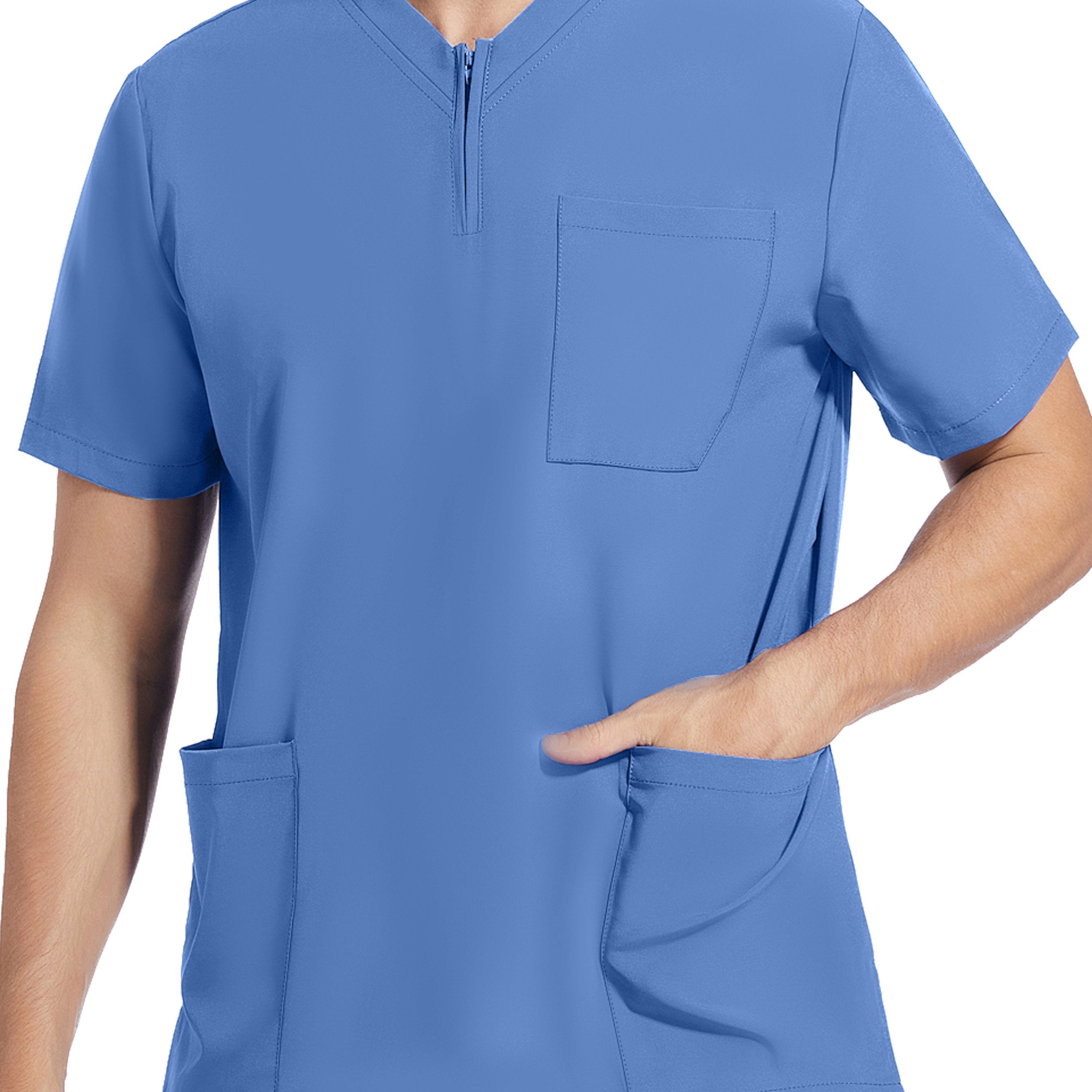 Men's Short Sleeve Stretch Work Uniform Lab Shirt with Pockets V-Neck Polyester