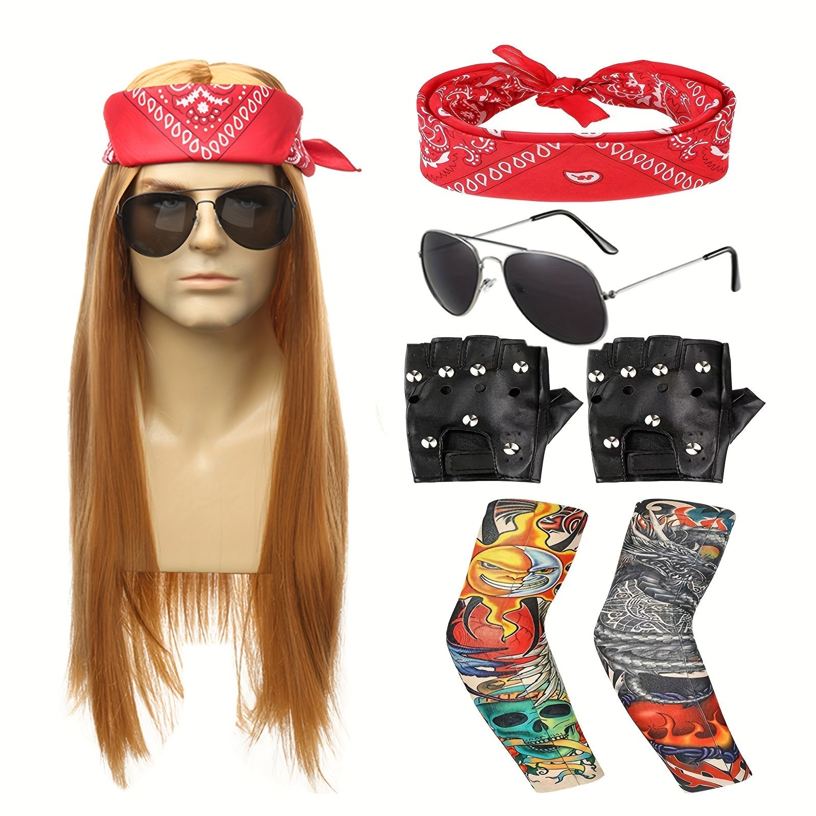 Retro Rocker Costume Set 7-Piece 70s/80s Heavy Metal Hippie Accessories